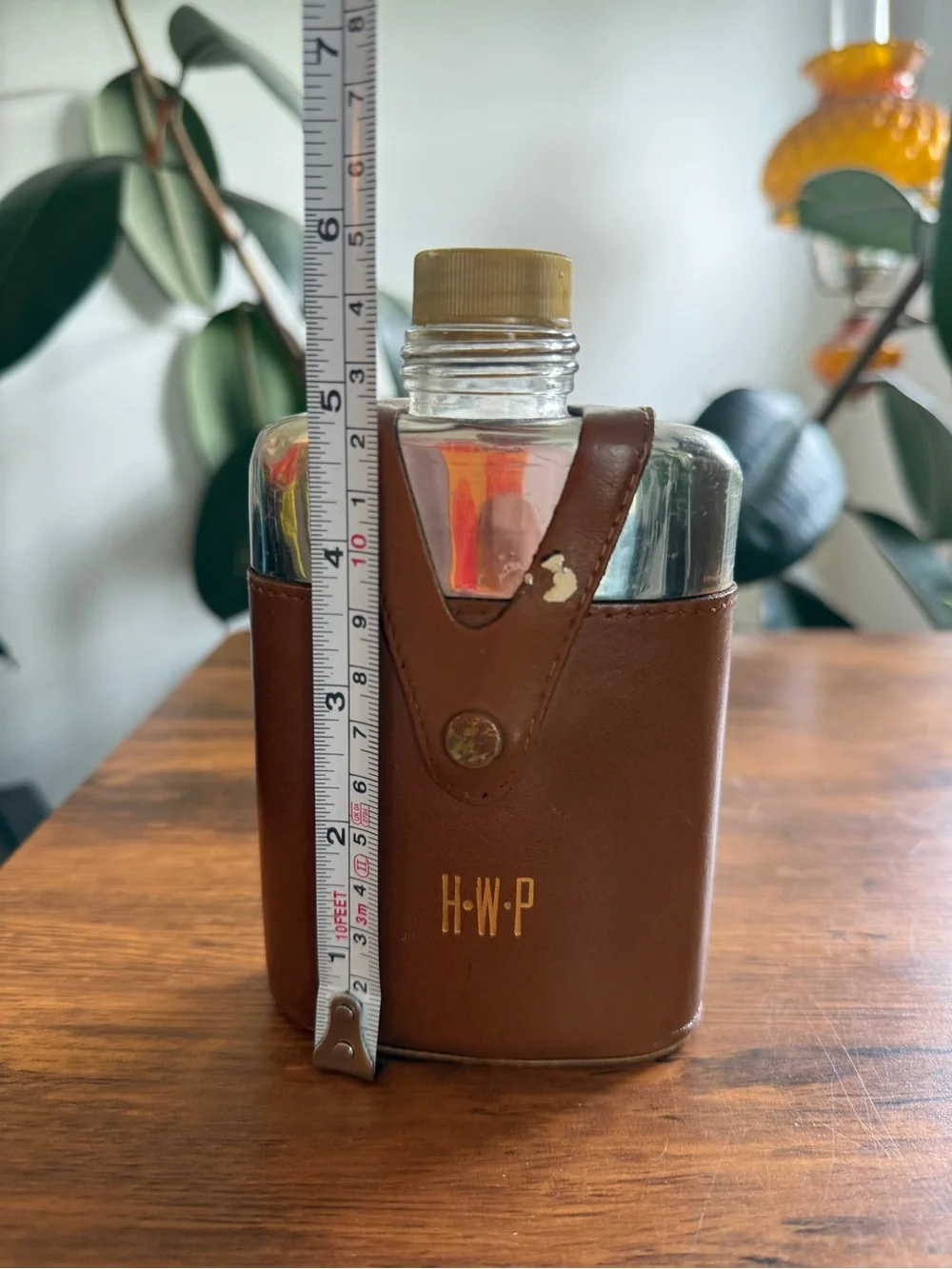 Brown Leather Travel vintage Flask with Snap Closure HWP